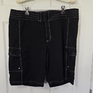 Lands End Ladies Size 12 Black Board Shorts. Velcro And Zippered Fly